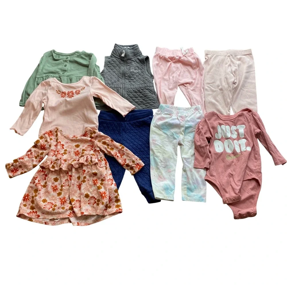 Nike Carters OshKosh Baby Girl 12M Lot 9pc Bodysuits Pants Dress Vest Floral - Picture 1 of 8